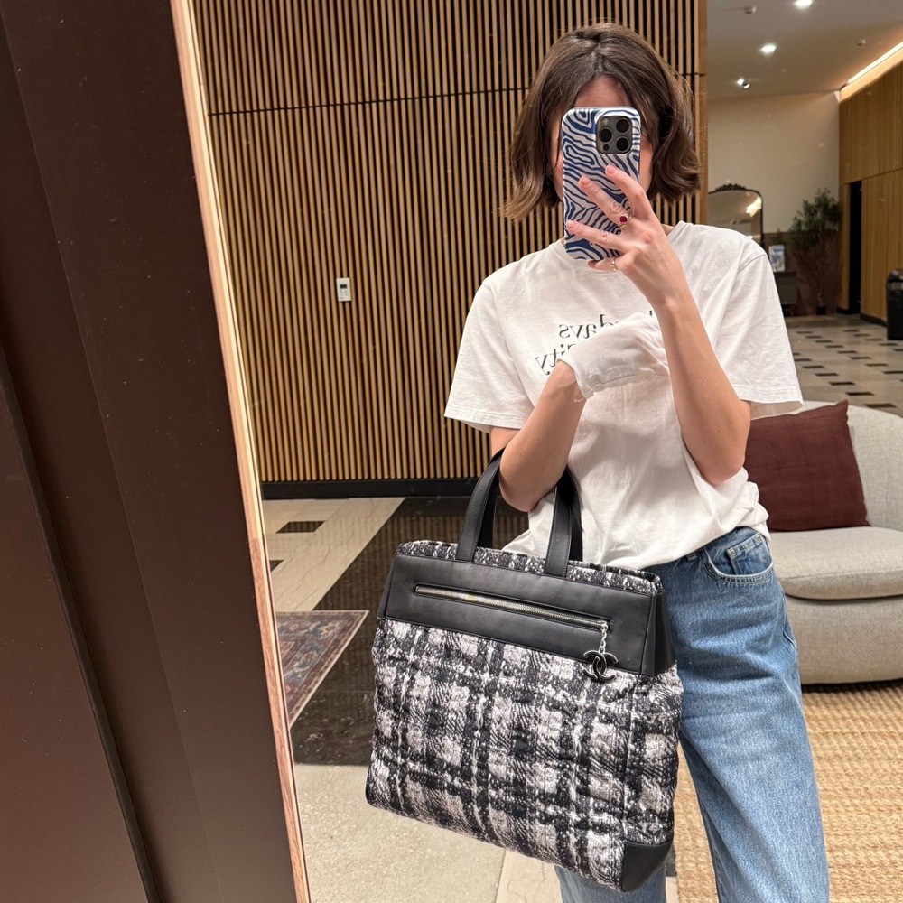 Chanel Black/White Leather Tweed Print Nylon CC Tote Bag